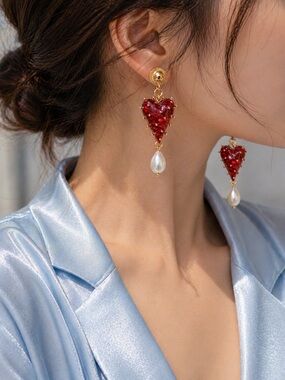 Crimson Ruby Red Heart Pearl Drop Gold Earrings